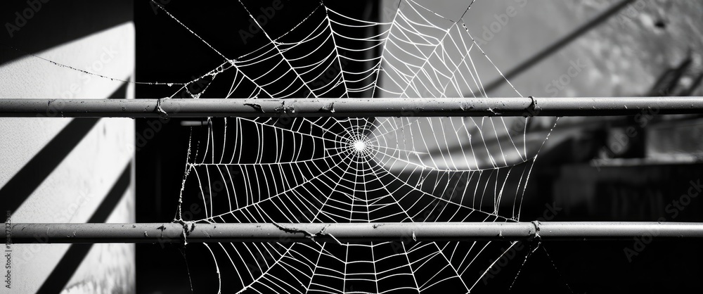 Poster black and white abstract spiderweb image showcasing intricate patterns between rail and wall with st