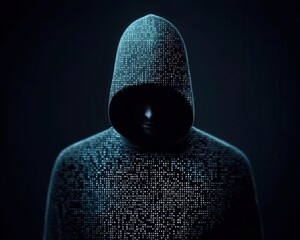 Minimalist hacker concept with a hooded figure fading into a digital matrix