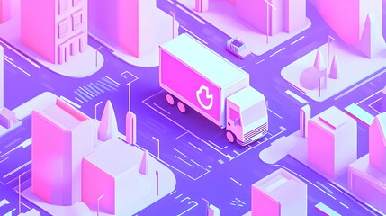 Futuristic Delivery Truck in Vibrant Urban Landscape Illustration
