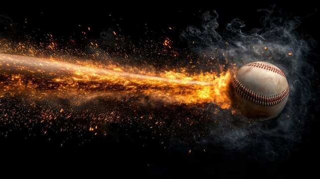 A powerful baseball bat engulfed in flames strikes a glowing fast moving baseball against a dramatic nighttime sky