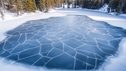 Capturing a beautiful winter landscape featuring a frozen lake with intricate cracks in the ice, surrounded by snow covered trees, creating a stunning and serene natural pattern