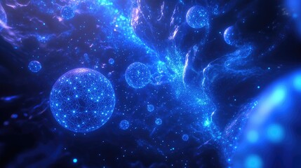 Abstract representation of data connections, glowing blue spheres linked in space