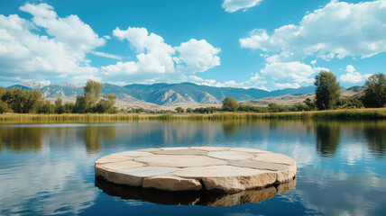 Obraz premium Wide Angle Shot of Circular Stone Podium by Serene Mountain Lake