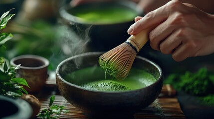 A traditional Japanese tea ceremony with matcha being whisked in a bowl