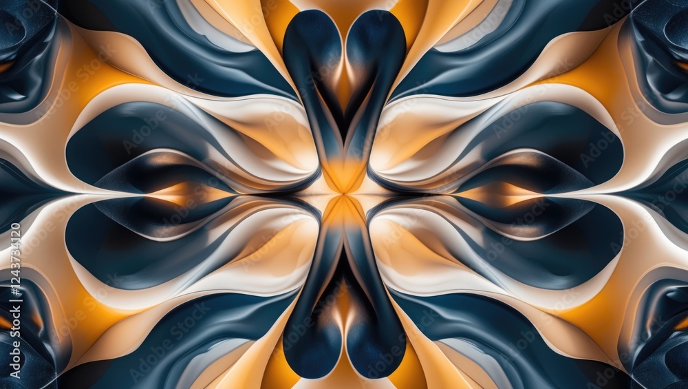 Poster elegant abstract symmetrical design with flowing curves in warm hues of gold and deep blue creating 