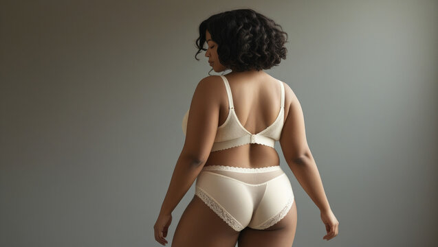 Overweight african woman in underwear on studio background. Self love. AI generated