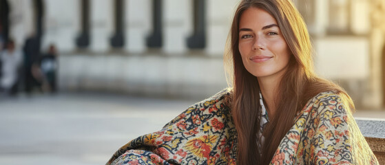 Woman seated warmly wrapped in a patterned shawl during afternoon light in the city