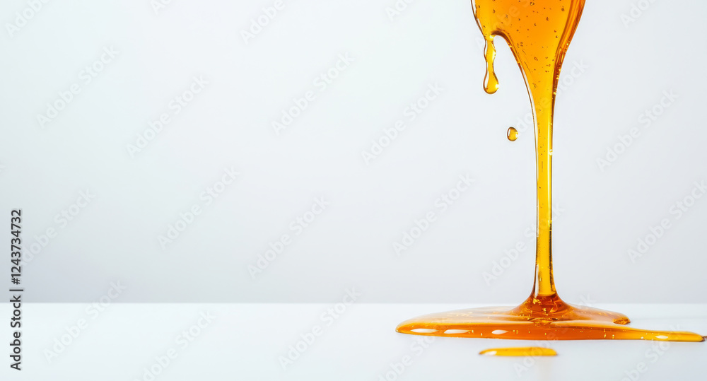Aufkleber warm golden honey flows and splashes onto a clean white surface, creating beautiful liquid shapes. t