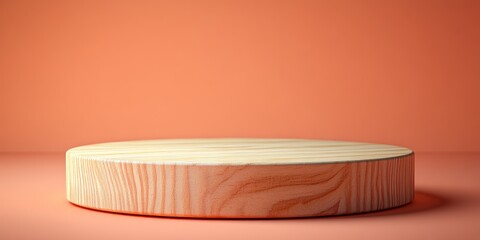 Minimalist Wooden Platform on Coral Background