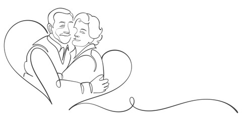 Elderly couple in continuous line art drawing style. Vector illustration
