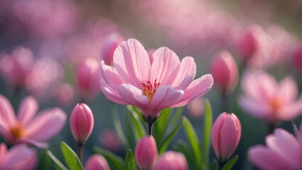 Obraz premium Delicate Pink Flower Blooms Amidst Soft Spring Landscape with Lush Greenery and Blurred Background of Colorful Petals