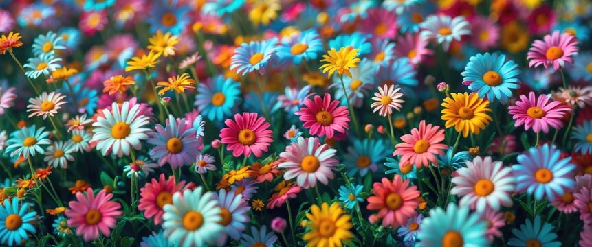 Vibrant field of multi-colored daisies in bloom showcasing a mix of blue, pink, yellow, and white flowers under bright sunlight.