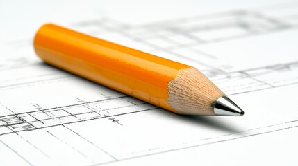 Closeup of a pencil on blueprint, detailed technical drawing for architectural design