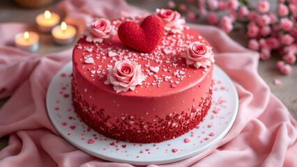  Red Velvet Cake Adorned With Heart-shaped Sprinkles and Delicate Sugar Roses, Set on a White Plate With a Soft Pink Cloth Draped Underneath, Surrounded by Small Candles.
