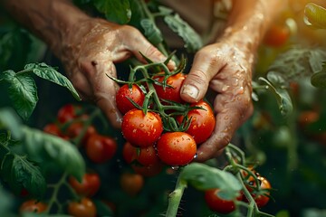 Dirty hands of gardener harvesting fresh ripe organic cherry tomatoes from vine in greenhouse. Natural farming and homegrown vegetables concept for healthy lifestyle.