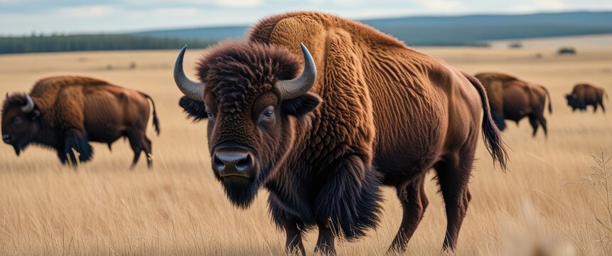 American Bison Grazing on Prairie Grasslands Close-Up with Open Space for Text in Natural Landscape Environment