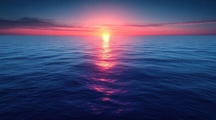 Fototapeta premium Ocean sunset, pink sky, calm waves, cruise ship wake