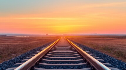 Breathtaking panoramic view of a scenic coastal railway track with a stunning sunset over the horizon  The tranquil landscape reflects the vibrant orange and pink hues of the sky