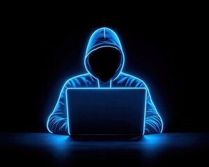Thin outline of a hacker face behind a laptop, symbolizing cybersecurity threats
