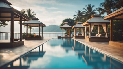 Fototapeta premium Serene Hotel Poolscape with Gazebos and Lush Palms Under Soft Morning Light