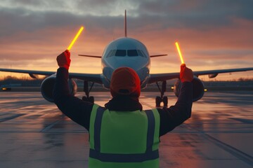 worker guide airplane at airport