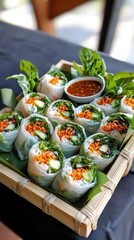 An assortment of spring rolls with sweet chili sauce, beautifully arranged on a bamboo tray