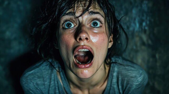 A character in a dramatic scene hyperventilating due to shock or fear in a gripping movie moment