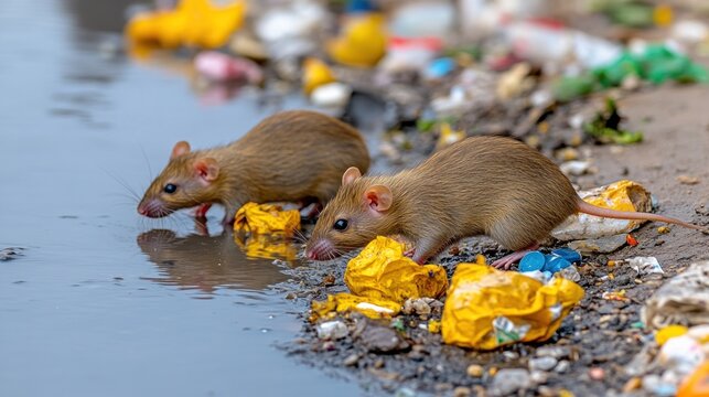 Two rats drinking in a puddle of water amidst trash