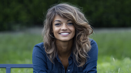 Naklejka premium Young woman sitting on a bench smiling joyfully in a green park during the day