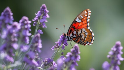 Naklejka premium Red postman butterfly feeding on vibrant purple flowers in a natural setting showcasing delicate beauty and ecological harmony.