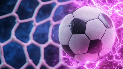 Obraz premium A soccer ball colliding with a glowing electric net in a sports stadium or field creating a dynamic and high energy scene with lightning like effects and vibrant colors