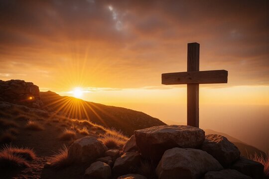 rustic wooden cross on grassy hillside golden hour landscape