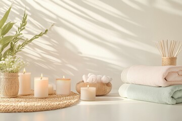 Conjunto de itens de spa com toalhas, velas e elementos decorativos em tons neutros, capturados com luz natural suave, criado com IA generativa.