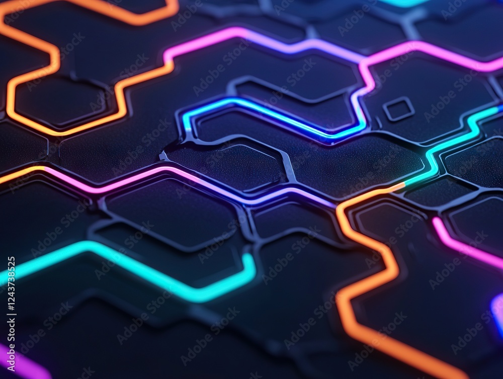 Poster dynamic neon circuit patterns abstract background digital art futuristic design close-up view techno