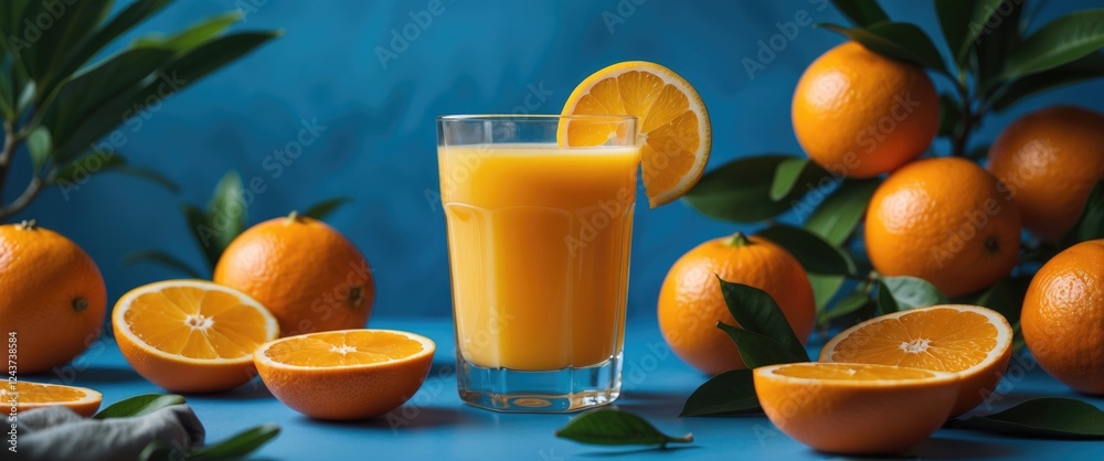 Canvas Prints Fresh Orange Juice in a Glass Surrounded by Juicy Oranges on a Vibrant Blue Background Representing Summer and Health Benefits