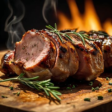 Close up of kontosouvli with juicy pork and charred edges