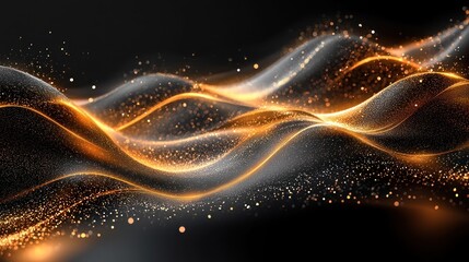 Fototapeta premium Abstract waves of shimmering gold and silver particles flowing elegantly against a dark background, creating a dynamic visual effect