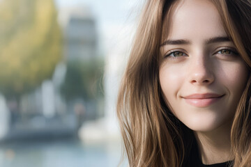 Fototapeta premium Young woman smiling outdoors near water with sunlight in background during a bright day
