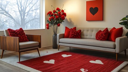 Contemporary living room with mid century modern furniture red floral arrangements and subtle heart motifs on the throw blankets no people