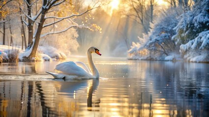 A majestic swan glides effortlessly across a serene lake's surface, its snowy feathers glistening in the warm sunlight filtering through the surrounding trees , swan, serene landscape