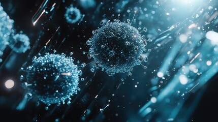 Fototapeta premium Close-up 3D render of coronavirus particles in a futuristic scientific laboratory visualization