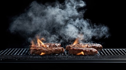 Juicy steaks sizzling on a charcoal grill with smoke rising