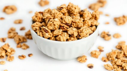 Crunchy granola mix in a bowl with scattered pieces on a surface