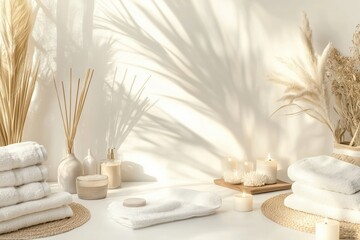 Conjunto de itens de spa com toalhas, velas e elementos decorativos em tons neutros, capturados com luz natural suave, criado com IA generativa.