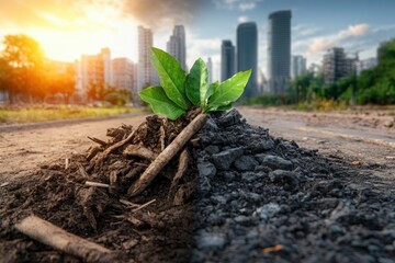 Witness a chilling future climate impact scenario in hyperrealistic detail side-by-side contrast of a thriving green city flourishing under sustainable practices versus a polluted dystopian world