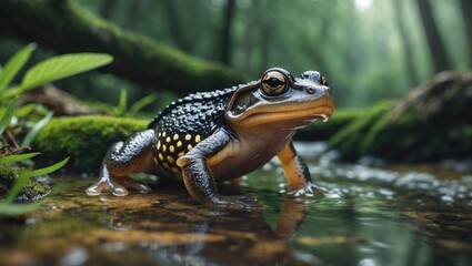 Obraz premium Vibrant frog resting by a serene forest stream surrounded by lush greenery and soft sunlight filtering through the trees