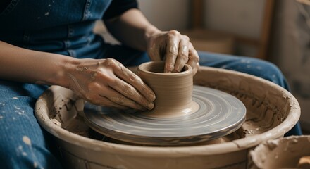 Expert potter shaping clay on a pottery wheel.  Hands, craft, studio.