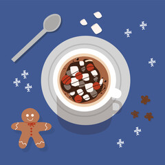 hot chocolate and marshmallows and berry vector ilustration background 