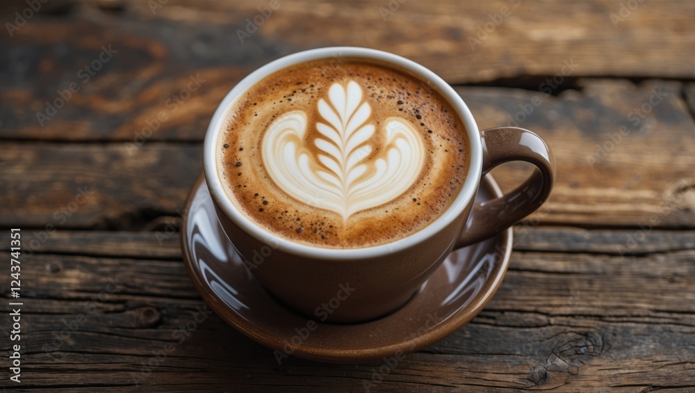 Wall mural Hot latte art in a brown cup displayed on a rustic wooden table showcasing intricate design and warm tones ideal for coffee-themed content.