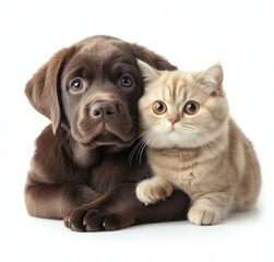 Adorable Labrador Puppy and Cute Persian Kitten Snuggling Together with Relaxed Expression on a Soft White Background